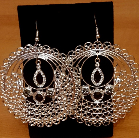 Jewelry - Jeweled Silver Metal Disc Earrings